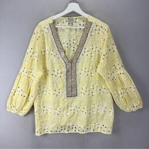 Chico's‎ Women's Sz 3 (XL Us) Lemon Floral Embellished Boho Eyelet Peasant Top